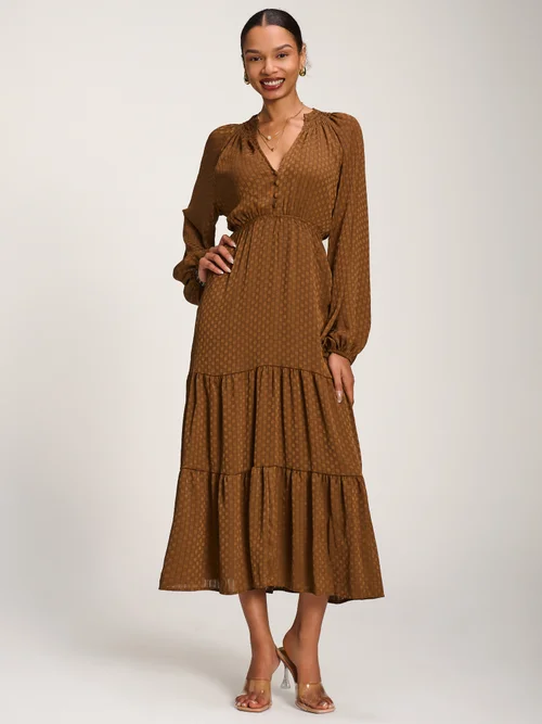 Jolie Moi Brown Long Sleeve Textured Satin Midaxi Dress - 16 Image 1