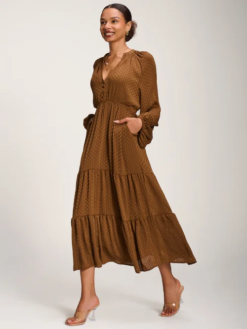 Jolie Moi Brown Long Sleeve Textured Satin Midaxi Dress - 16 Image 5