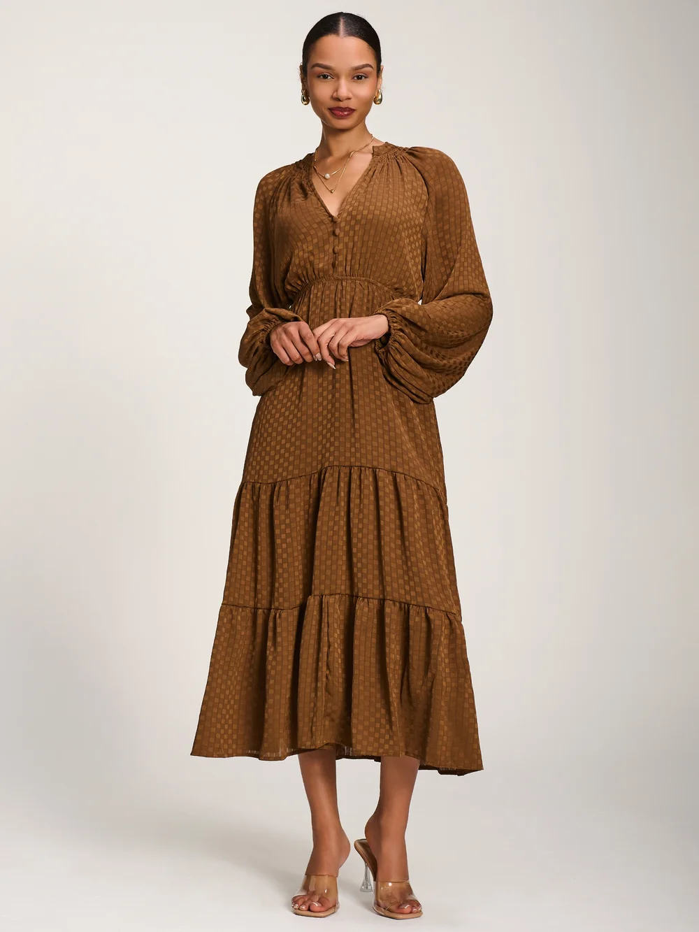 Jolie Moi Brown Long Sleeve Textured Satin Midaxi Dress - 16 Image 3