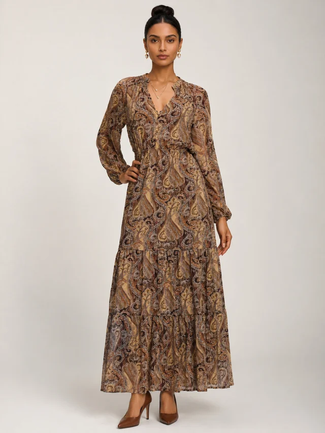 Jolie Moi Brown Multi Long Sleeve Paisley Chiffon Maxi Dress