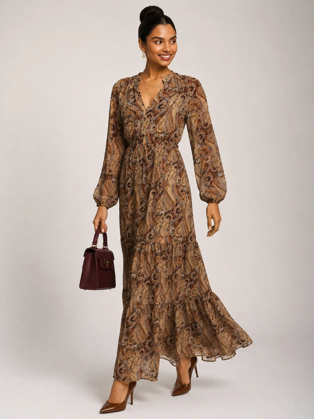 Jolie Moi Brown Multi Long Sleeve Paisley Chiffon Maxi Dress - 10 Image 5