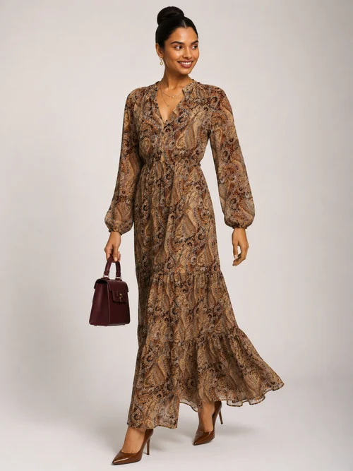 Jolie Moi Brown Multi Long Sleeve Paisley Chiffon Maxi Dress - 10 Image 5