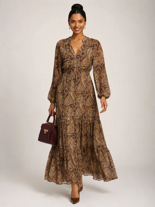 Jolie Moi Brown Multi Long Sleeve Paisley Chiffon Maxi Dress - 10 Image 4