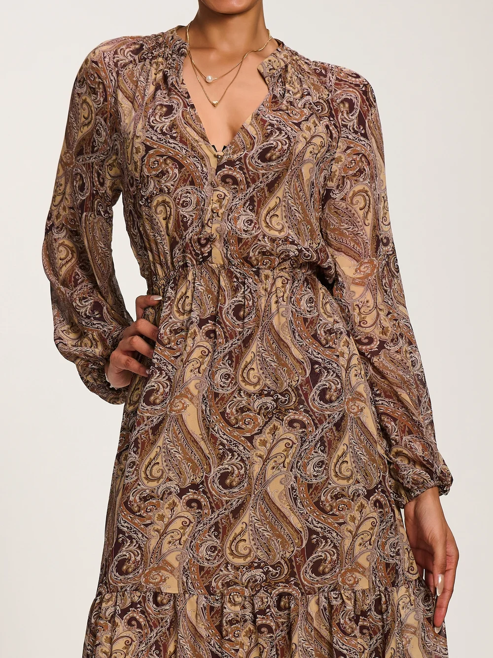 Jolie Moi Brown Multi Long Sleeve Paisley Chiffon Maxi Dress - 10 Image 2