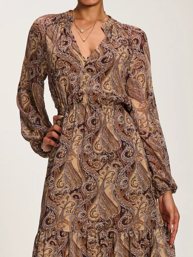 Jolie Moi Brown Multi Long Sleeve Paisley Chiffon Maxi Dress
