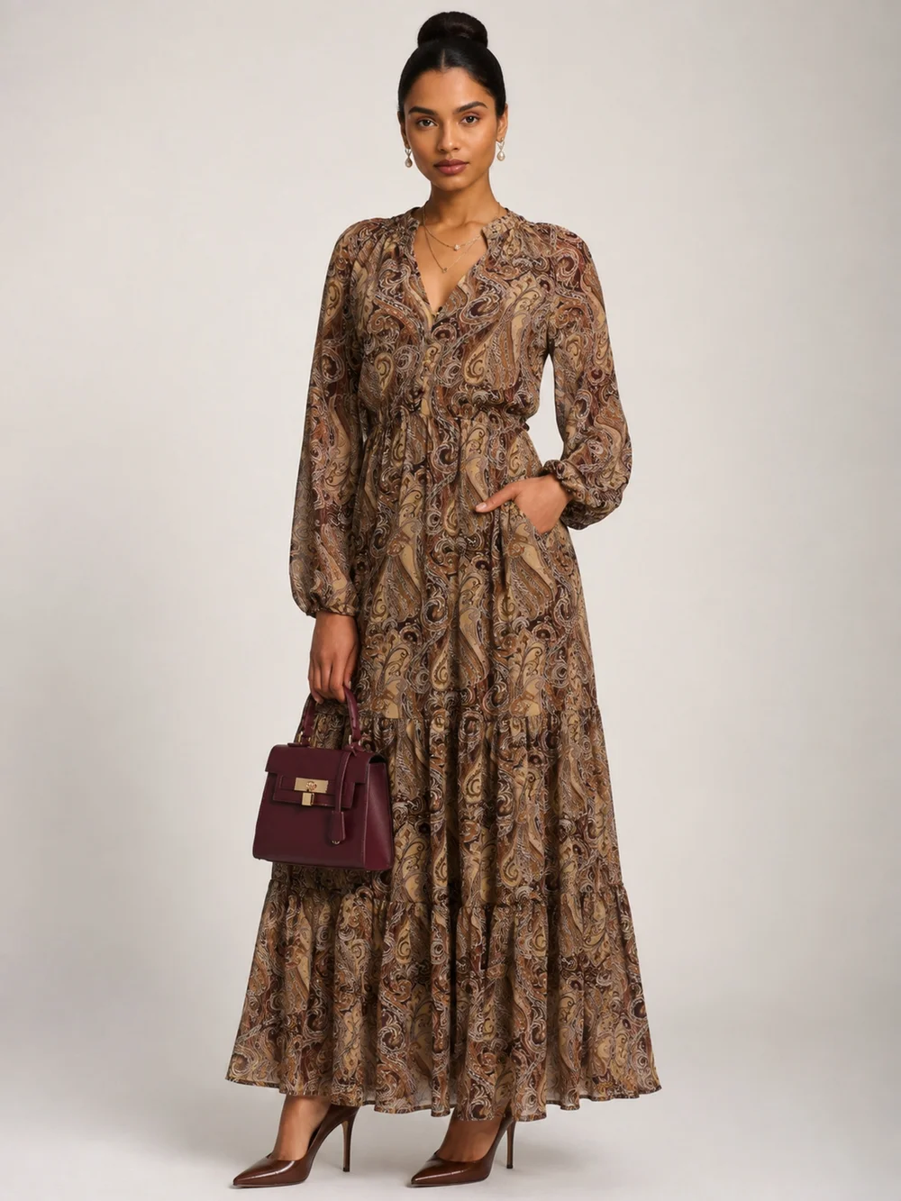 Jolie Moi Brown Multi Long Sleeve Paisley Chiffon Maxi Dress - 10 Image 3