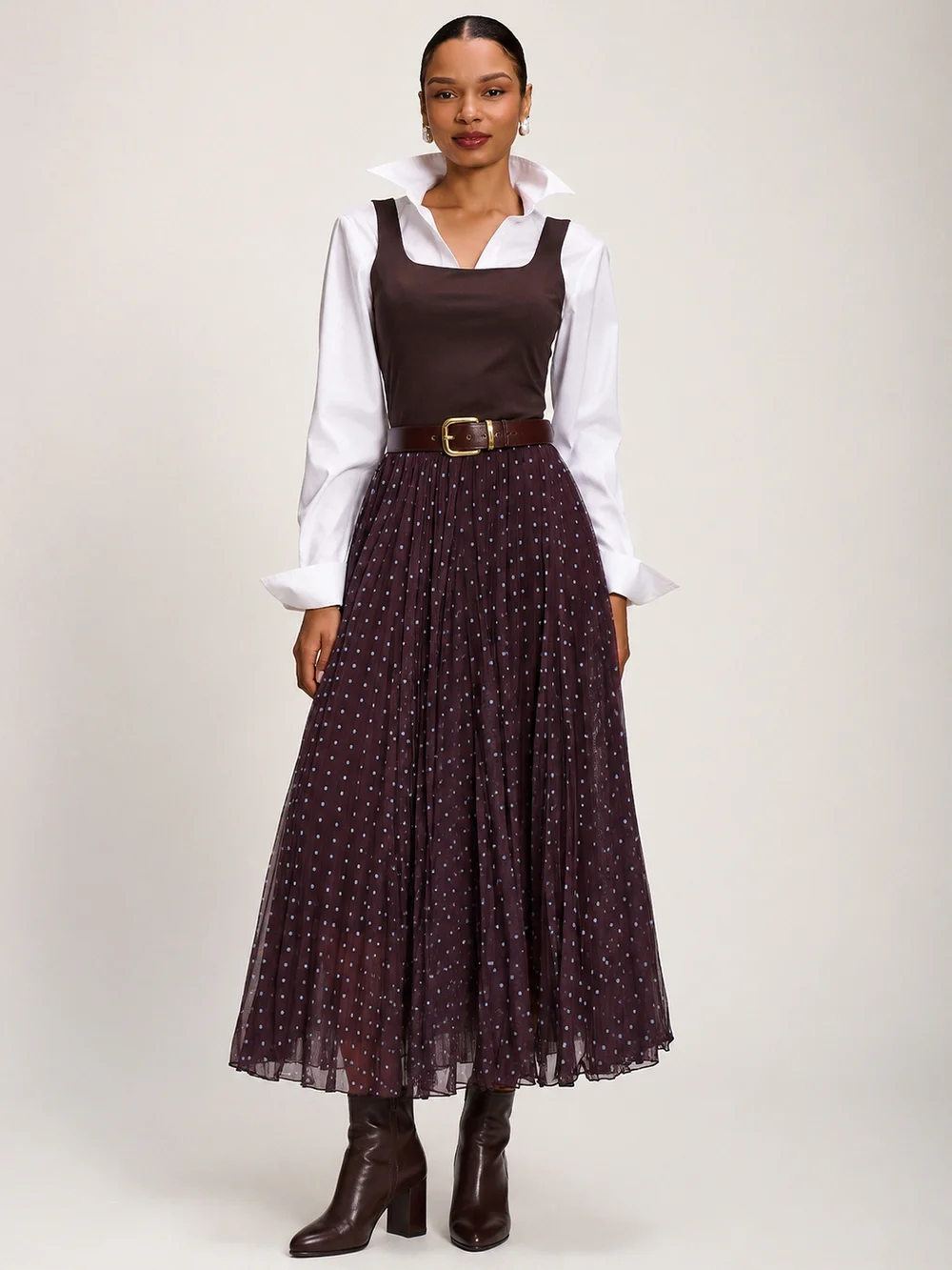 Jolie Moi Brown Spot Spotty Crinkle Mesh Maxi Skirt - 8 Image 4