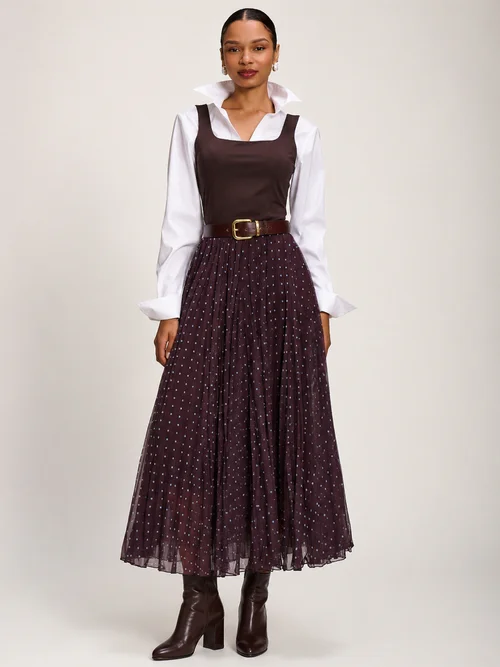 Jolie Moi Brown Spot Spotty Crinkle Mesh Maxi Skirt - 8 Image 4