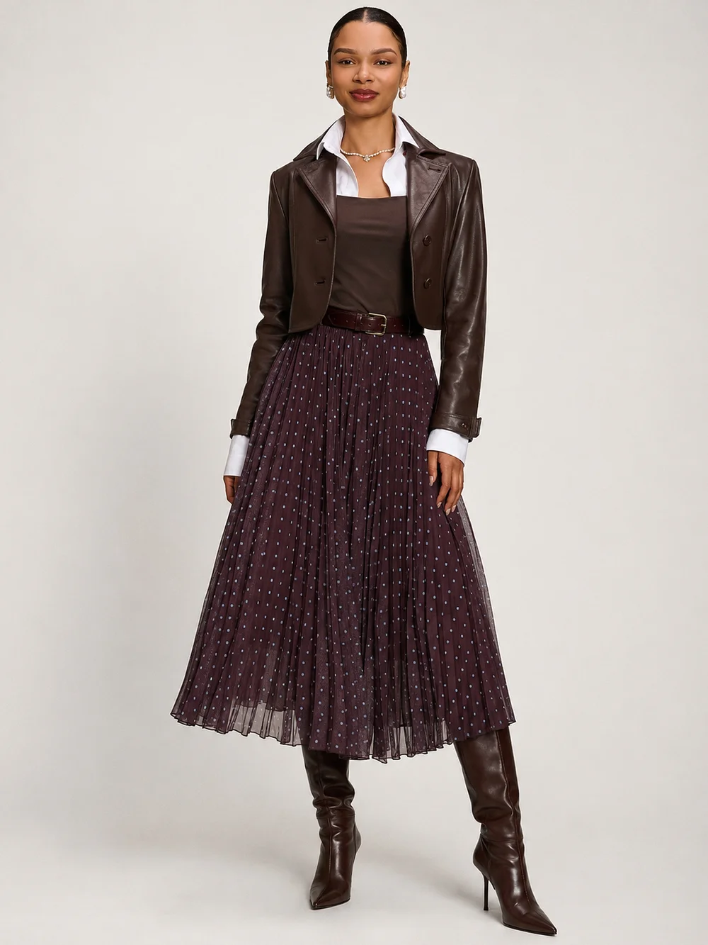Jolie Moi Brown Spot Spotty Crinkle Mesh Maxi Skirt - 8 Image 3