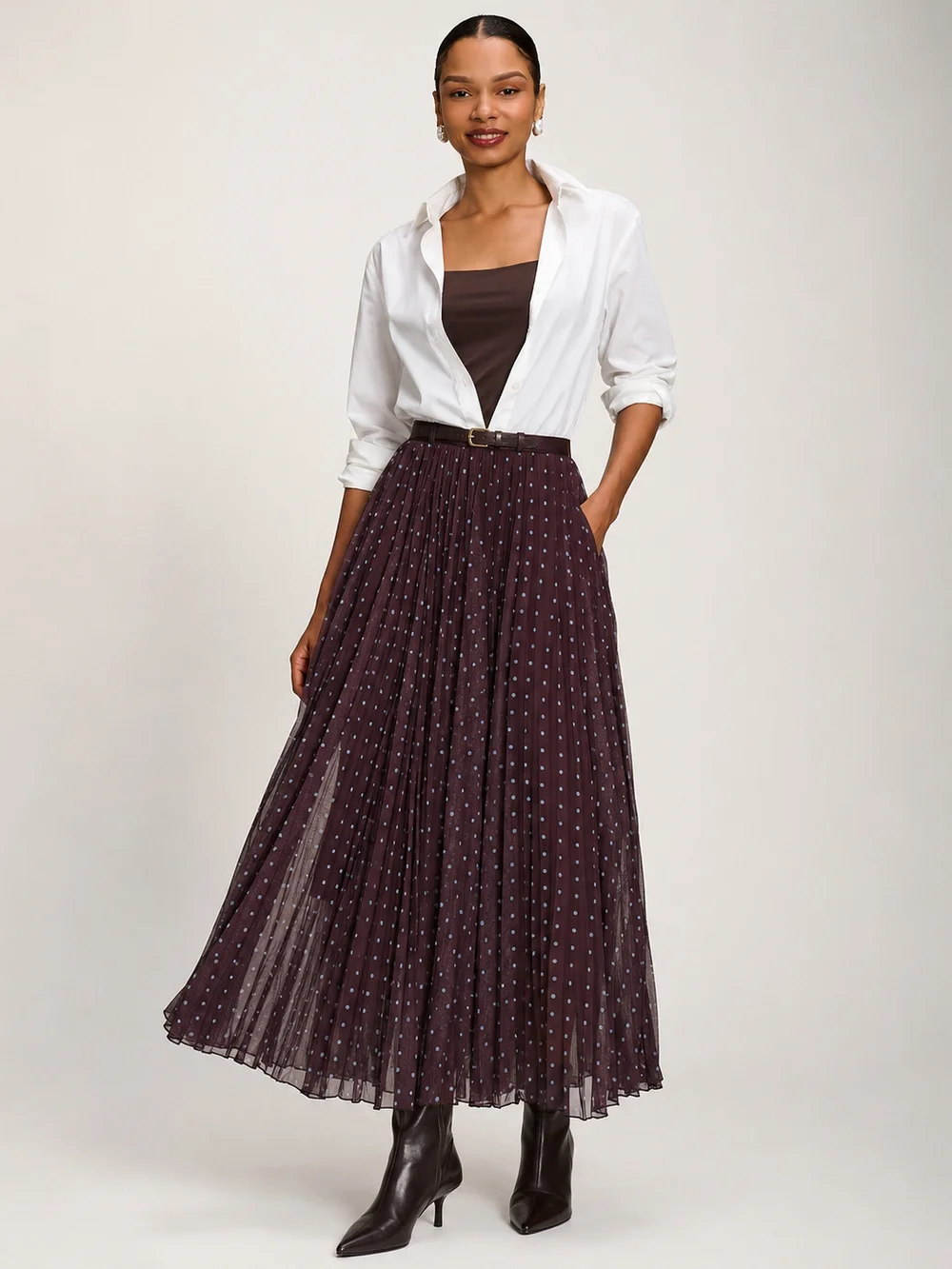 Jolie Moi Brown Spot Spotty Crinkle Mesh Maxi Skirt - 8 Image 1