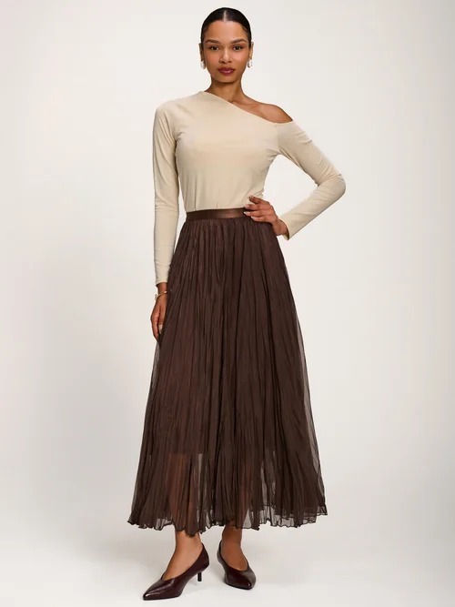 Jolie Moi Chocolate Brown Plain Crinkle Mesh Maxi Skirt - 18 Image 3