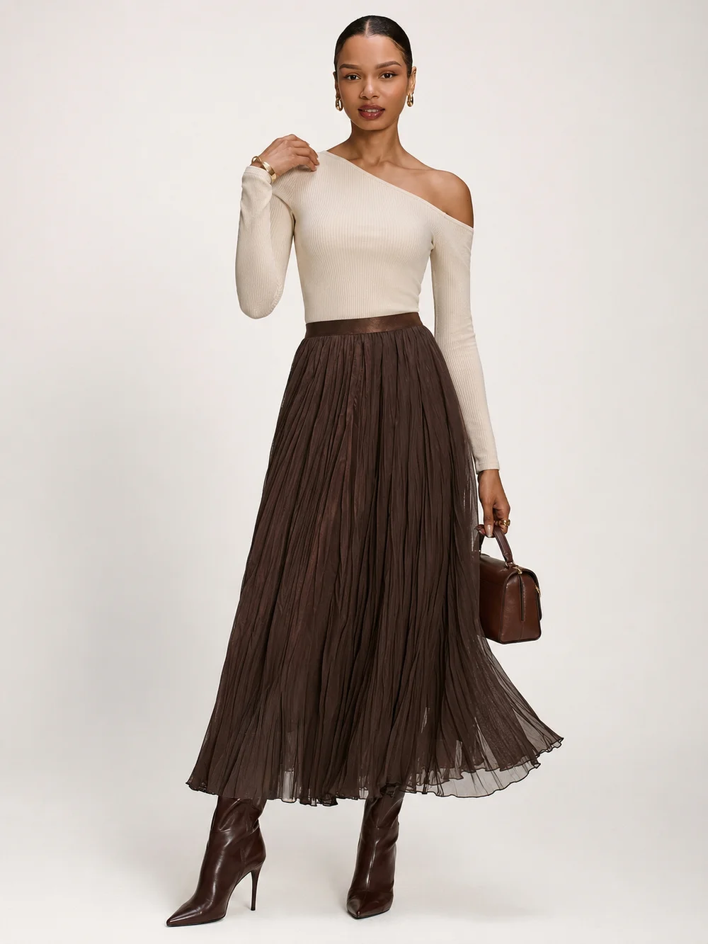 Jolie Moi Chocolate Brown Plain Crinkle Mesh Maxi Skirt - 18 Image 5