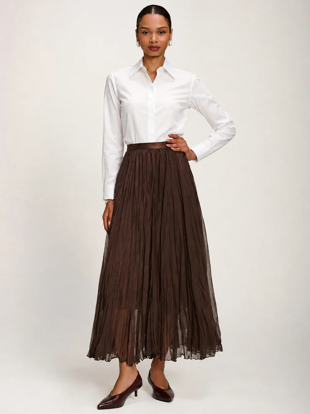 Jolie Moi Chocolate Brown Plain Crinkle Mesh Maxi Skirt - 18 Image 1