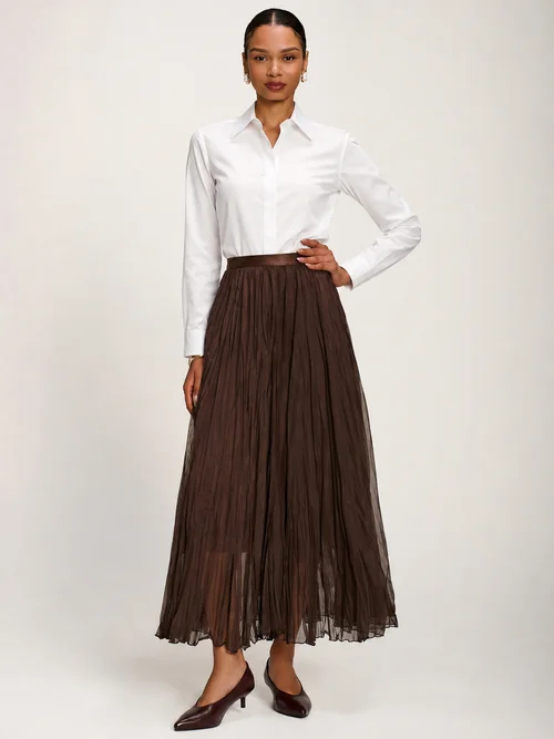 Jolie Moi Chocolate Brown Plain Crinkle Mesh Maxi Skirt - 18 Image 1