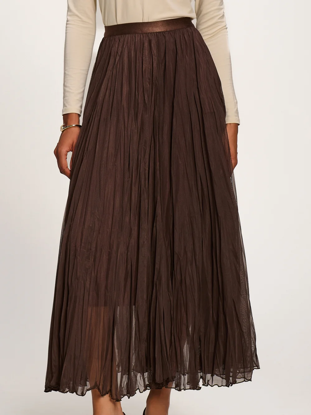 Jolie Moi Chocolate Brown Plain Crinkle Mesh Maxi Skirt - 18 Image 2