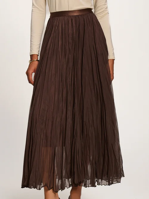 Jolie Moi Chocolate Brown Plain Crinkle Mesh Maxi Skirt - 18 Image 2