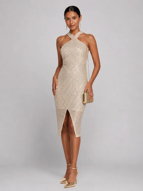 Jolie Moi Beige Silver Cross Neck Slit Bodycon Dress - 16 Image 3