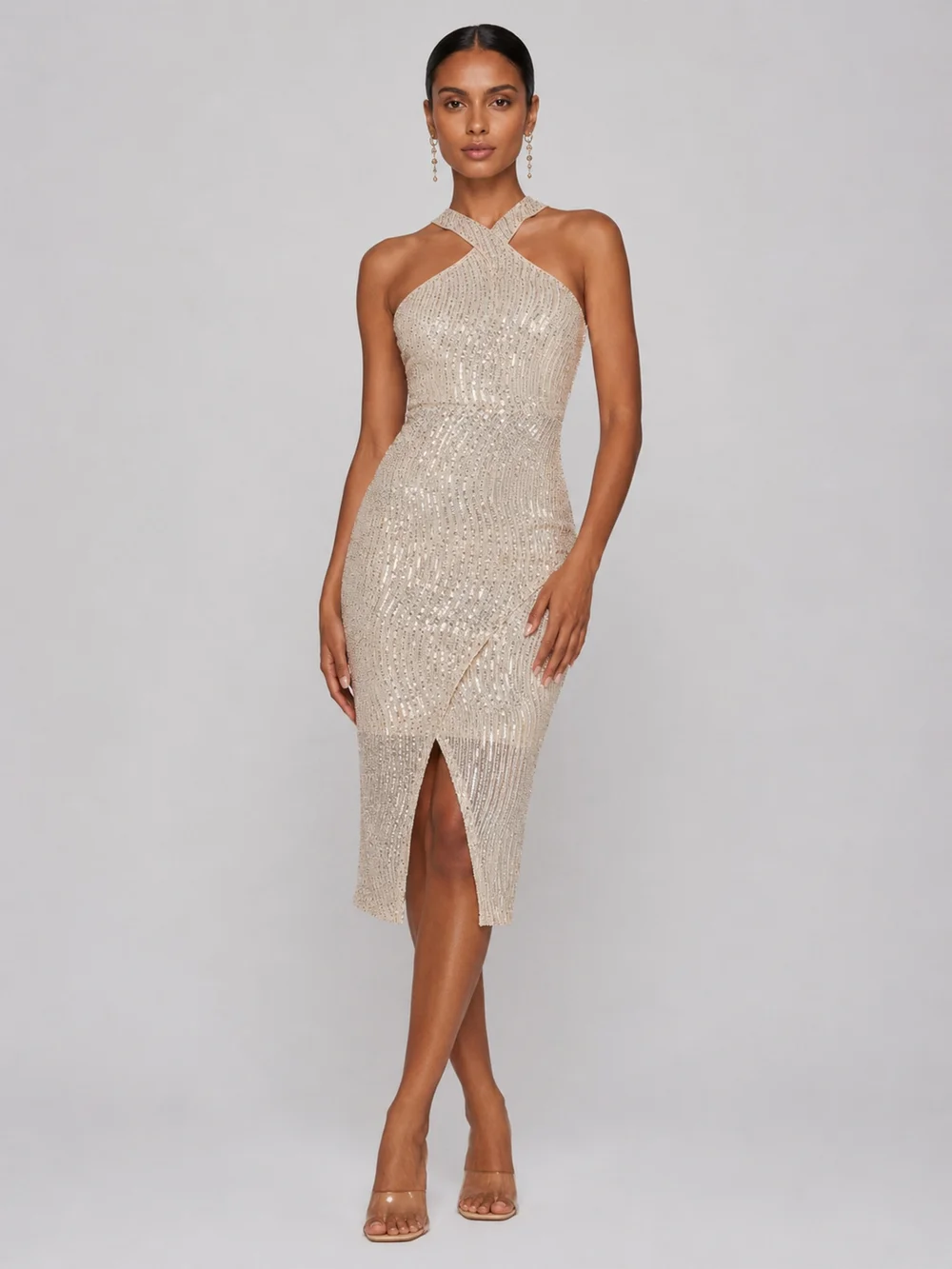 Jolie Moi Beige Silver Cross Neck Slit Bodycon Dress - 16 Image 1