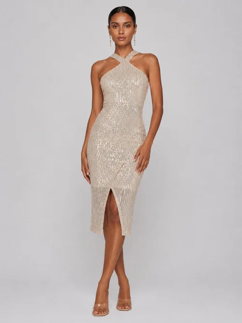 Jolie Moi Beige Silver Cross Neck Slit Bodycon Dress - 16 Image 1