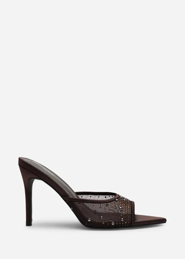 Where's That From Qorelle Dark Brown Mesh Mules With Diamante Detail
