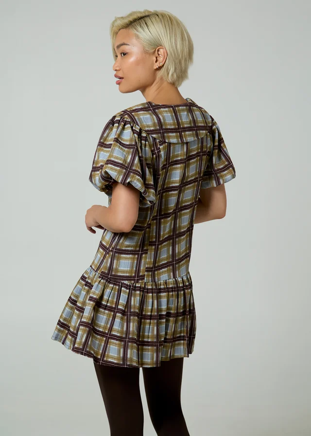 Neon Rose Green Check V-Neck Collared Short Puff Sleeve Mini Dress