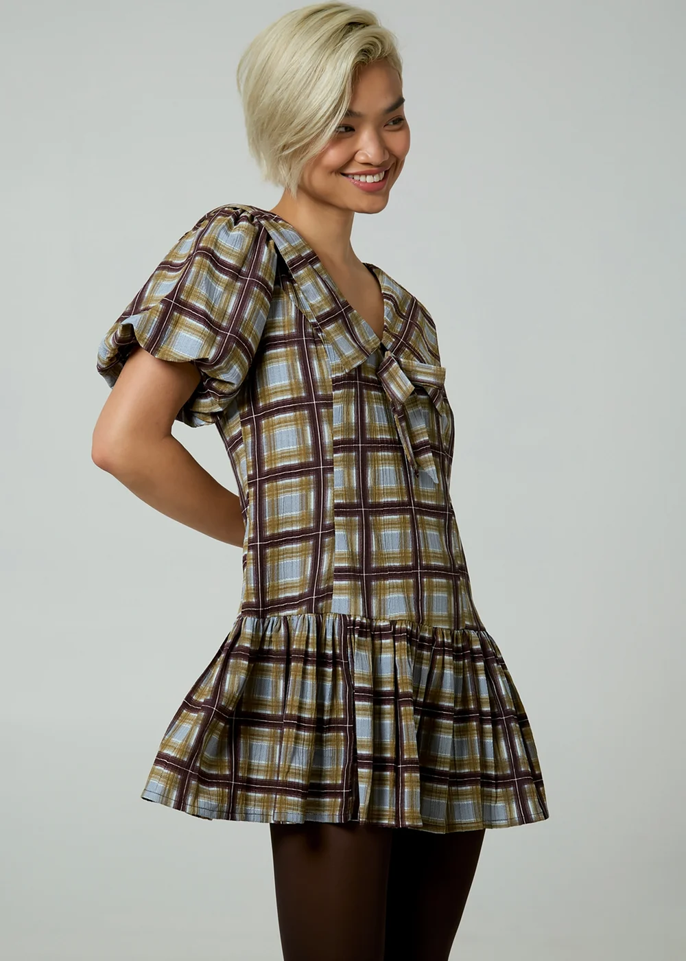 Neon Rose Green Check V-Neck Collared Short Puff Sleeve Mini Dress - XS Image 5