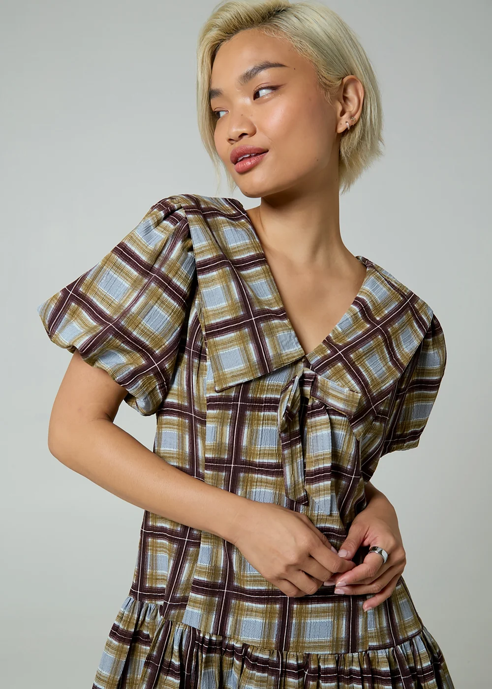 Neon Rose Green Check V-Neck Collared Short Puff Sleeve Mini Dress - XS Image 3
