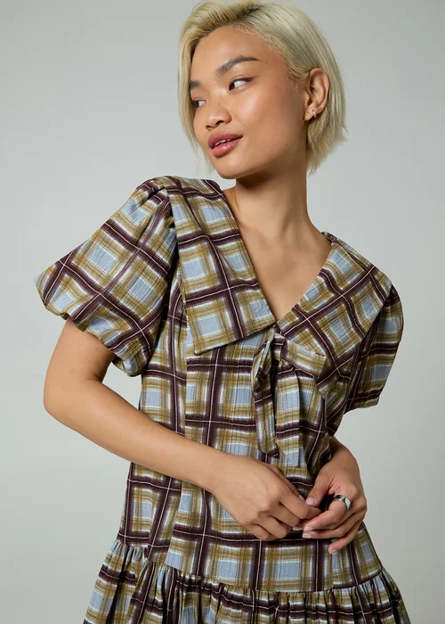 Neon Rose Green Check V-Neck Collared Short Puff Sleeve Mini Dress - XS Image 3