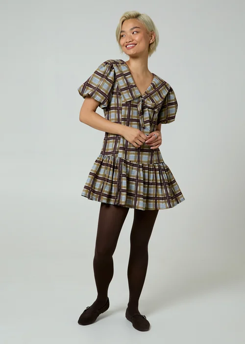 Neon Rose Green Check V-Neck Collared Short Puff Sleeve Mini Dress - XS Image 4