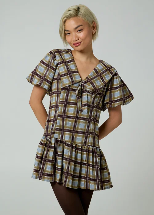Neon Rose Green Check V-Neck Collared Short Puff Sleeve Mini Dress - XS Image 1