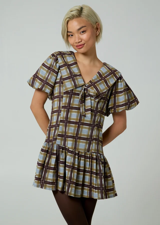 Neon Rose Green Check V-Neck Collared Short Puff Sleeve Mini Dress