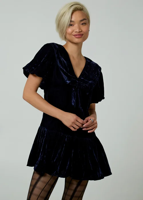 Neon Rose Navy Velvet V-Neck Collared Short Puff Sleeve Mini Dress - L Image 1