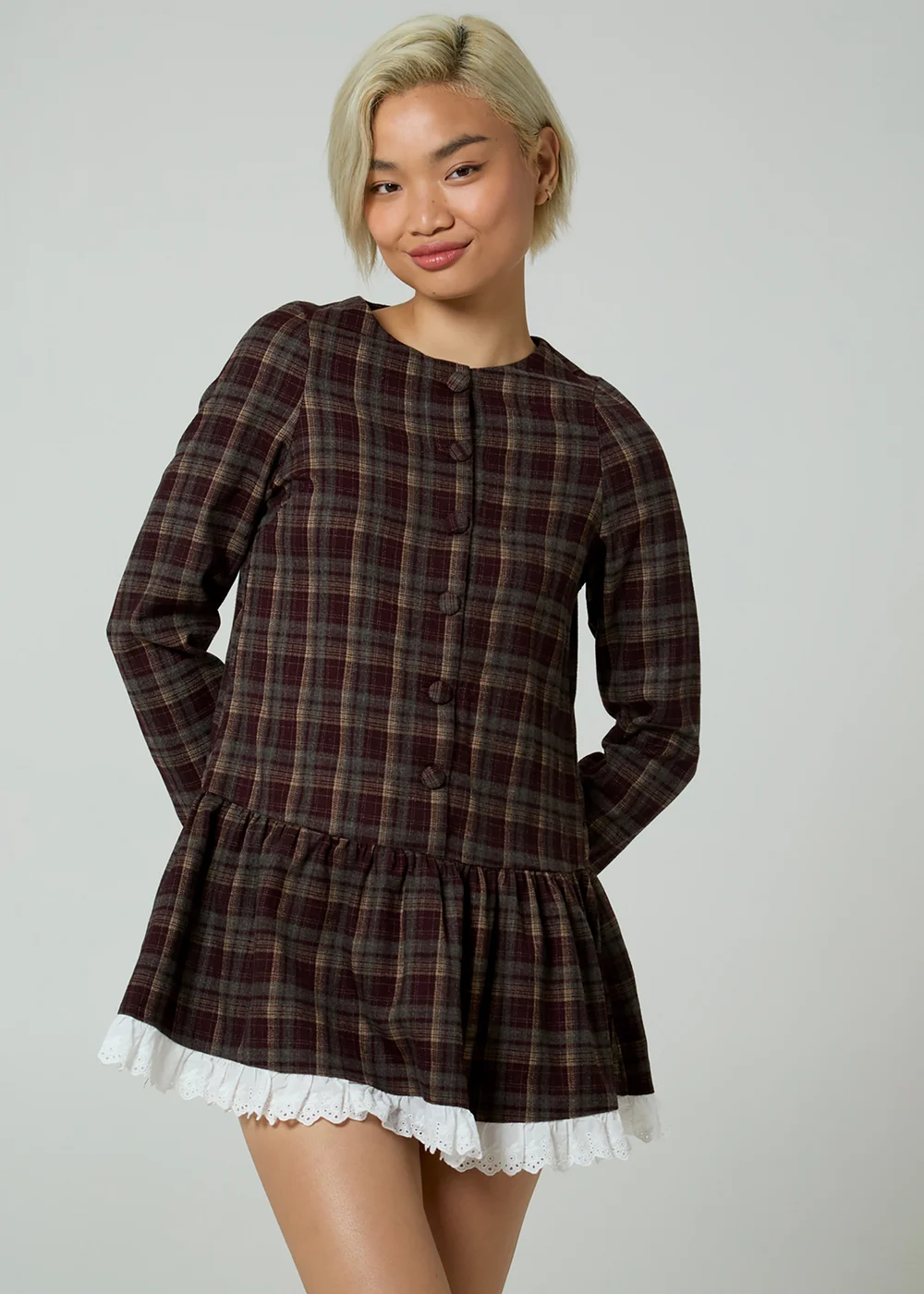 Neon Rose Burgundy Plaid Check Long Sleeve Smock Mini Dress - XL Image 1