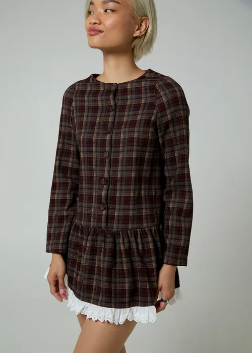 Neon Rose Burgundy Plaid Check Long Sleeve Smock Mini Dress - XL Image 5