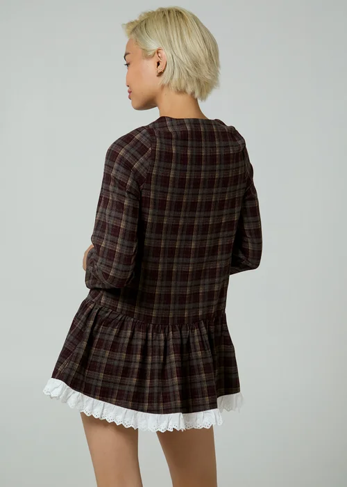 Neon Rose Burgundy Plaid Check Long Sleeve Smock Mini Dress - XL Image 2