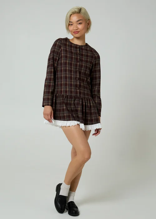 Neon Rose Burgundy Plaid Check Long Sleeve Smock Mini Dress - XL Image 4