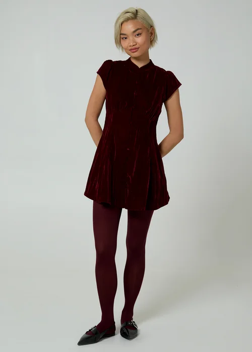 Neon Rose Burgundy Velvet Mandarin Collar Cap Sleeve A-Line Mini Dress - XS Image 4
