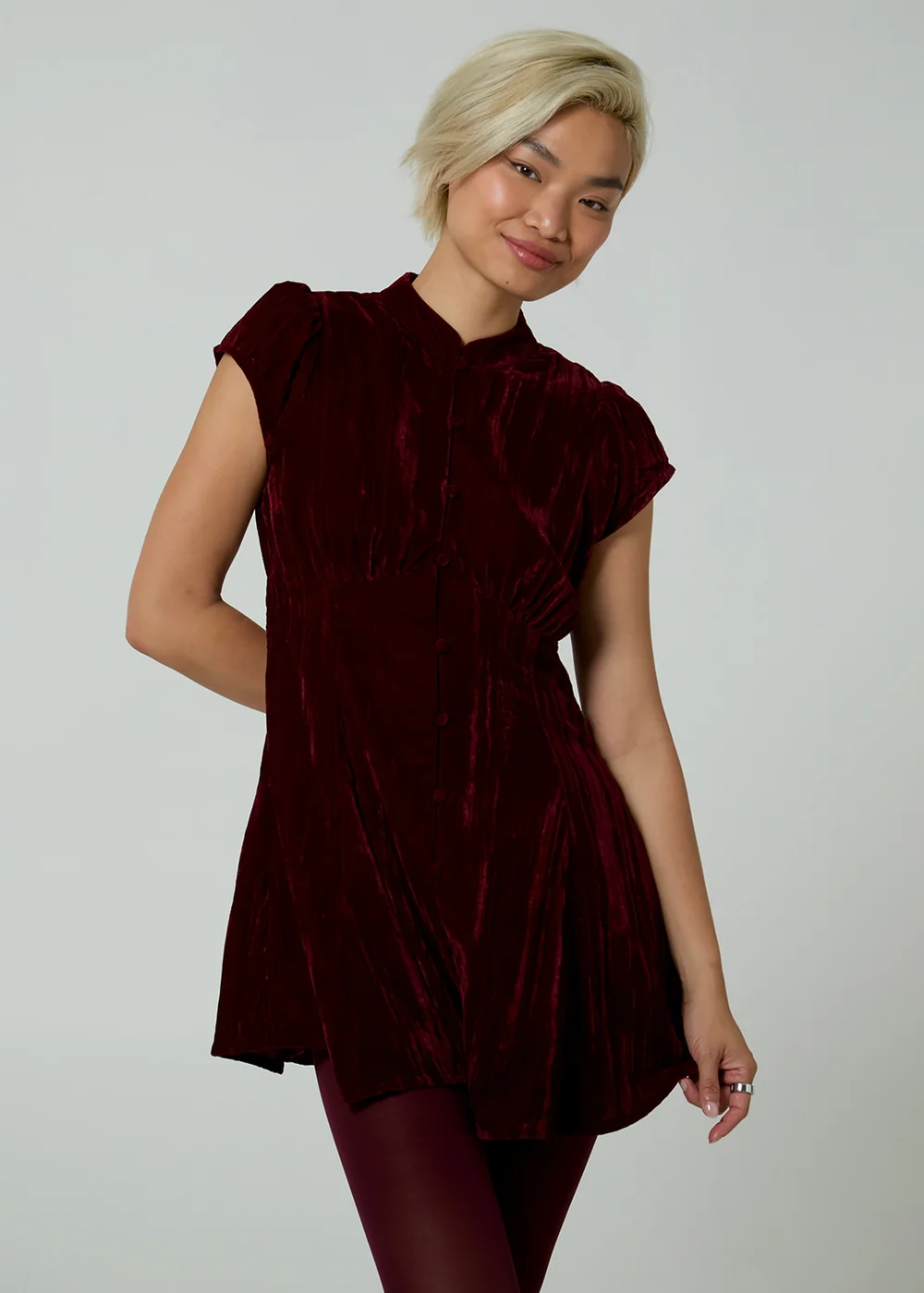 Neon Rose Burgundy Velvet Mandarin Collar Cap Sleeve A-Line Mini Dress - XS Image 1