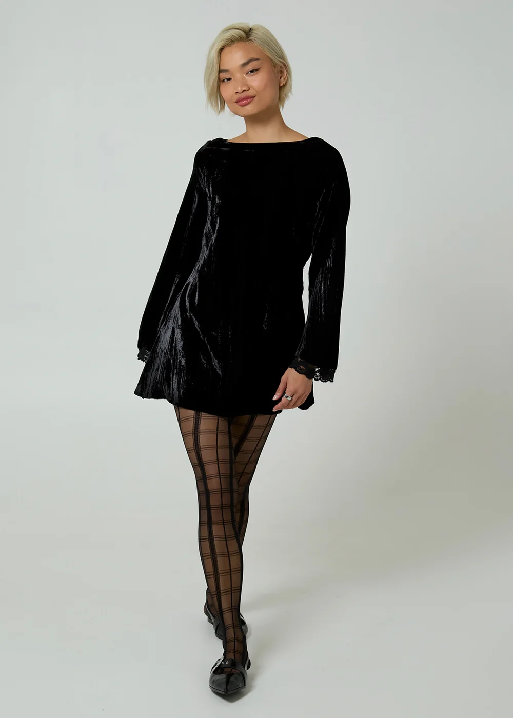 Neon Rose Black Velvet Bell Sleeve Lace Trim Boat Neck Mini Dress - S Image 4