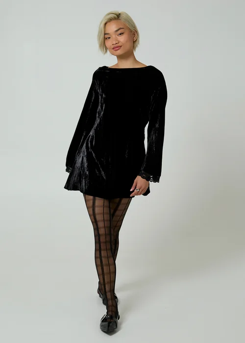 Neon Rose Black Velvet Bell Sleeve Lace Trim Boat Neck Mini Dress - S Image 4