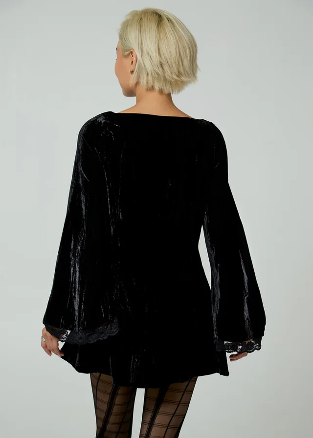 Neon Rose Black Velvet Bell Sleeve Lace Trim Boat Neck Mini Dress