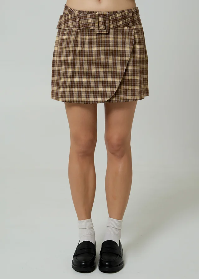 Neon Rose Brown Plaid Check A-Line Wrap Front Mini Skirt