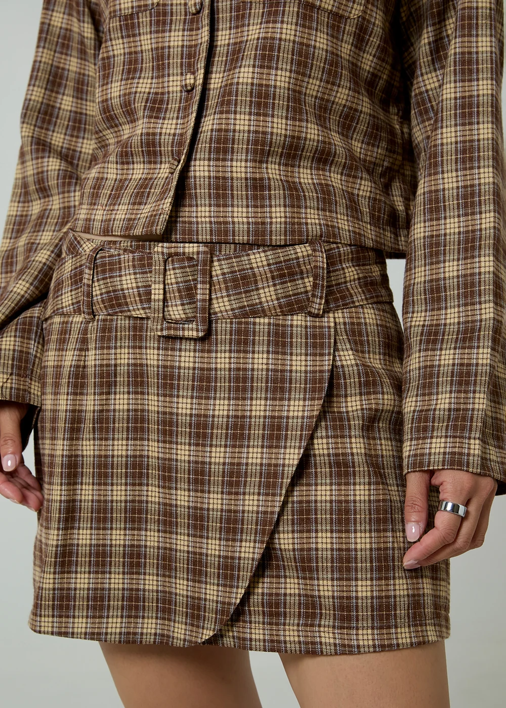 Neon Rose Brown Plaid Check A-Line Wrap Front Mini Skirt - M Image 3