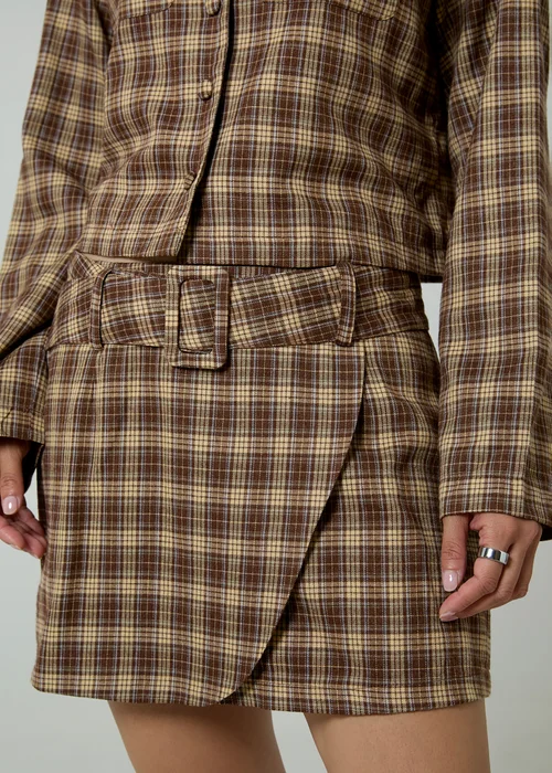 Neon Rose Brown Plaid Check A-Line Wrap Front Mini Skirt - M Image 3