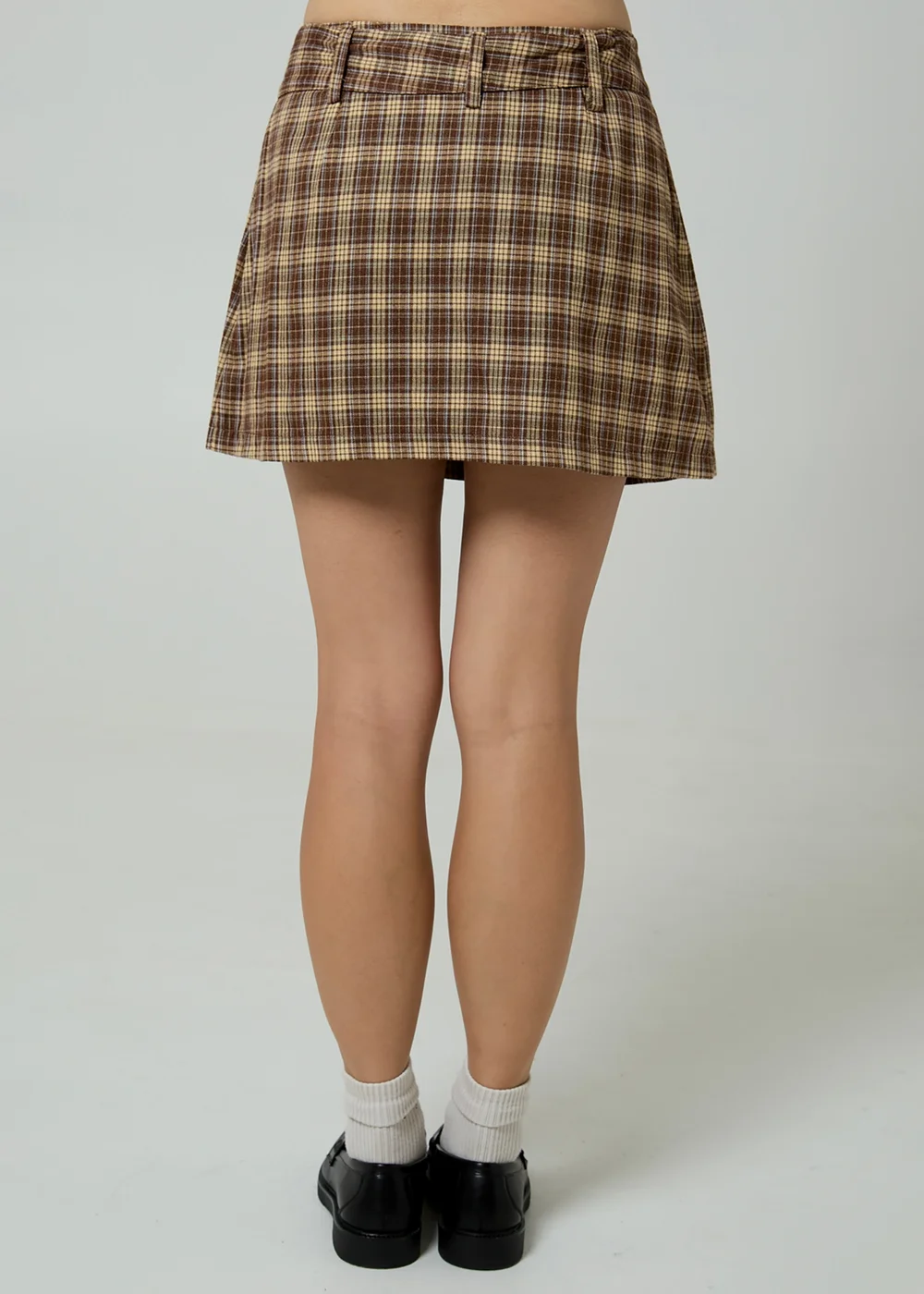 Neon Rose Brown Plaid Check A-Line Wrap Front Mini Skirt - M Image 2