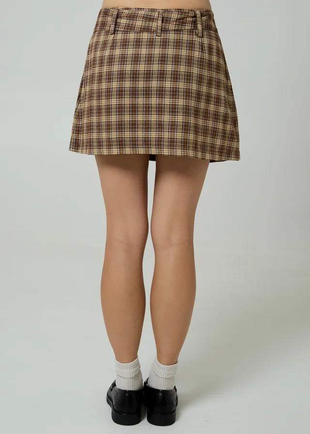 Neon Rose Brown Plaid Check A-Line Wrap Front Mini Skirt
