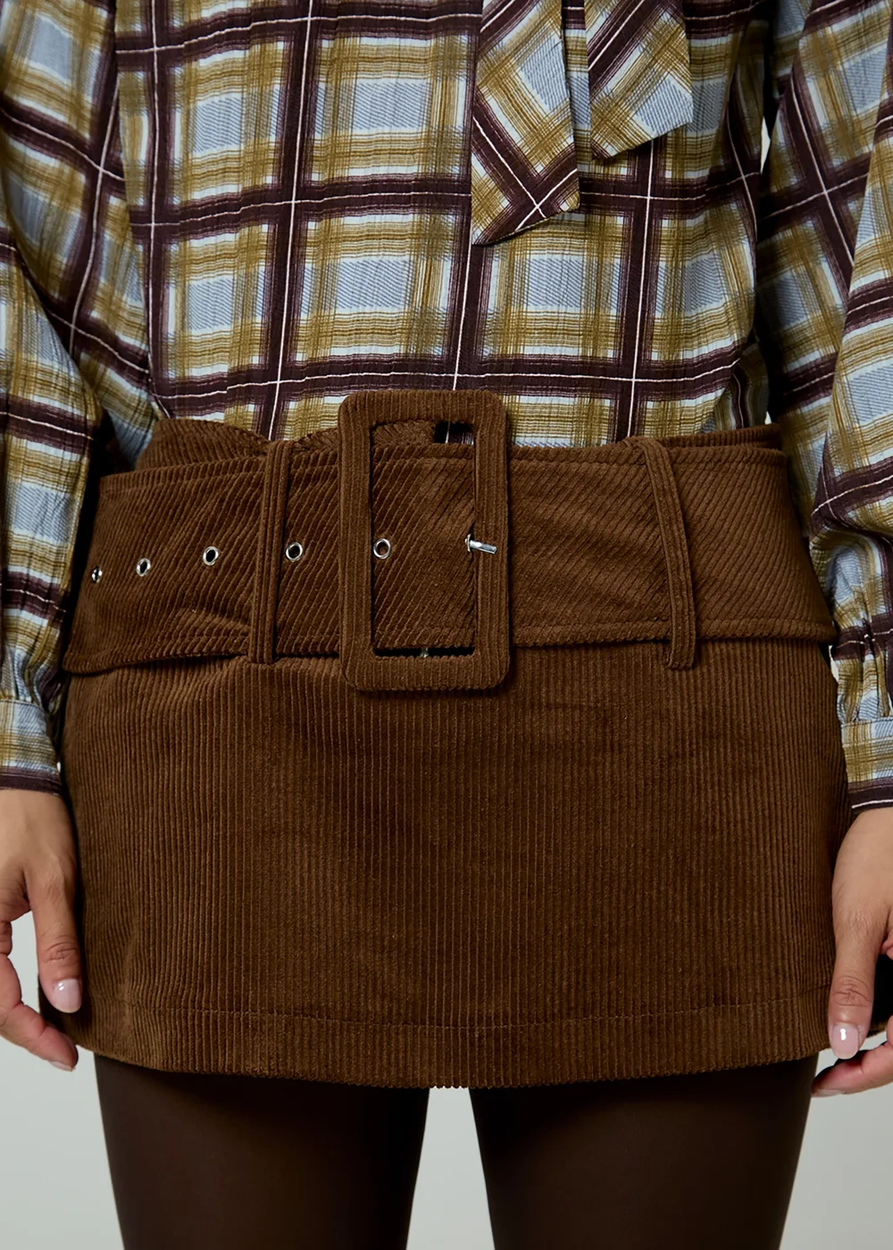 Neon Rose Brown Cord Buckle Belt Mini Skirt - XS Image 3