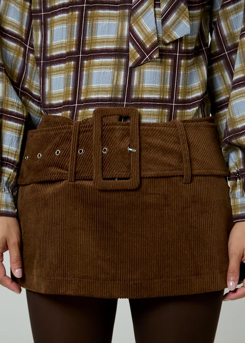 Neon Rose Brown Cord Buckle Belt Mini Skirt - XS Image 3