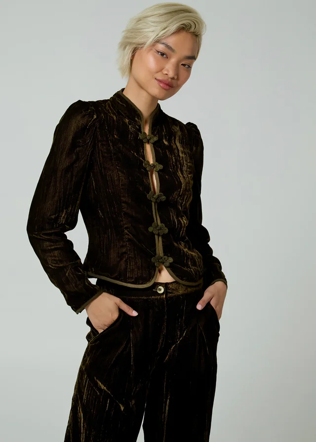 Neon Rose Olive Velvet Military-Style Mandarin Collar Tailored Jacket