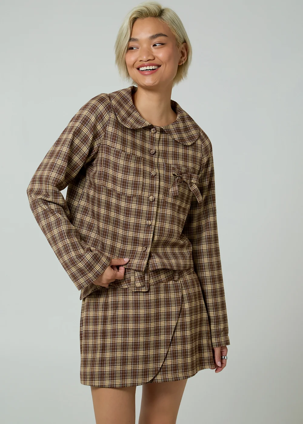 Neon Rose Brown Plaid Check Long Sleeve Bow Tie Cropped Jacket - L Image 1